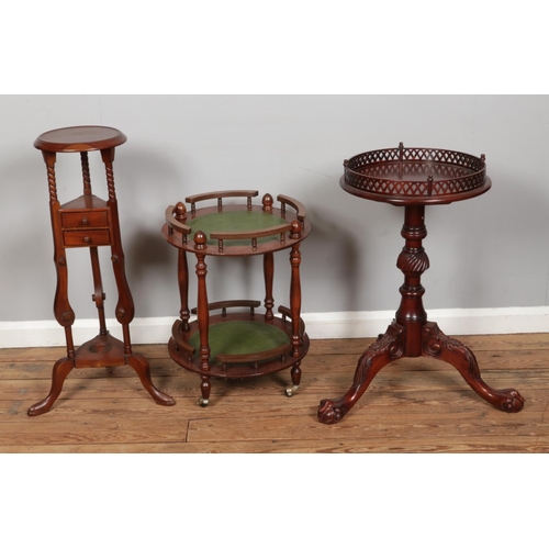 537 - A collection of occasional furniture to include plant stand on carved and turned supports, galleried... 