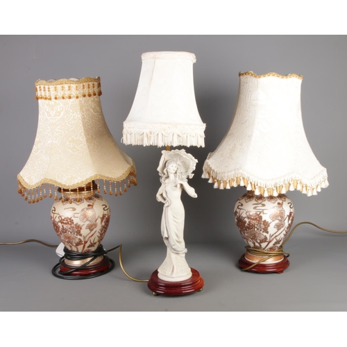 346 - Three table lamps, to include a pair of satsuma style example on turned wooden bases and a Florence ... 