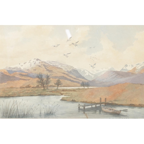 379 - C. A. Jobborn (20th Century), a framed watercolour of a mountainous scene, with lake and rowing boat... 