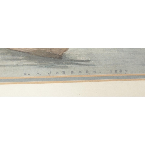 379 - C. A. Jobborn (20th Century), a framed watercolour of a mountainous scene, with lake and rowing boat... 