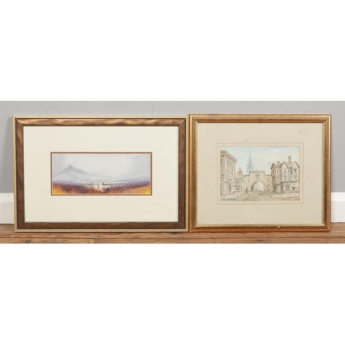 381 - Two framed watercolours; G. Miller, a mountainous landscape scene with lake and wasteland to the for... 