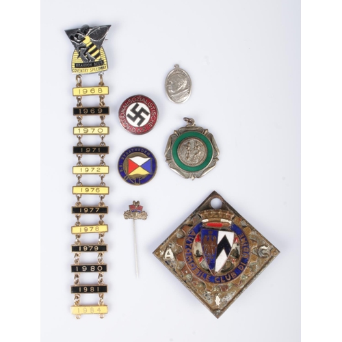 66 - A collection of pin badges and medals, to include German NSDAP enamel lapel badge, Brandon Bees Cove... 