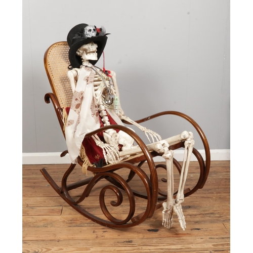 534 - A bentwood frame bergere rocking chair, accompanied by a model skeleton.