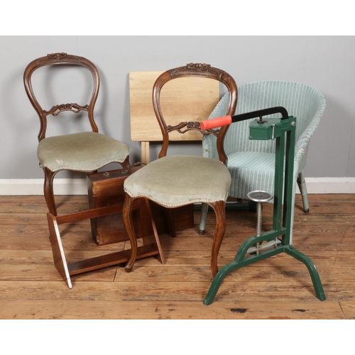 538 - Two Victorian chairs with another wicker chair, folding table book trough, wine bottle corker etc