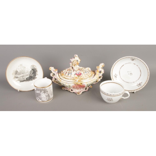 66 - A collection of porcelain items comprising an antique Rococo-style lidded bowl with glossy glaze and... 