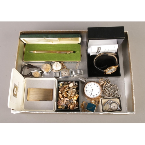 86 - An early 20th century pocket watch in gold plates case, cross pencil, Pierre Cardin lighter, watches... 