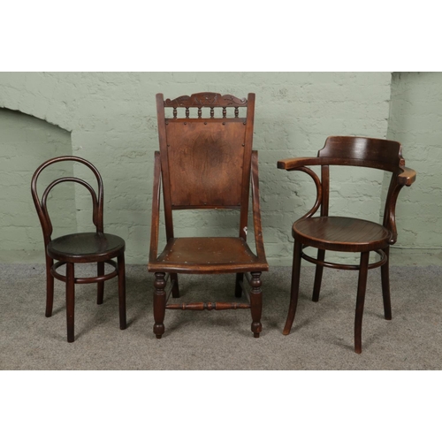 378 - Three chairs, including oak and ply low armchair and bentwood framed example.