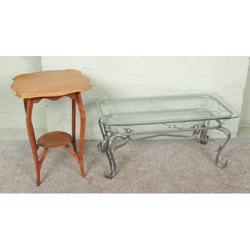 401 - A mid-century two-tiered satin wood table with a metal-framed glass top coffee table. Size: Satin ta... 