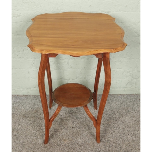 401 - A mid-century two-tiered satin wood table with a metal-framed glass top coffee table. Size: Satin ta... 