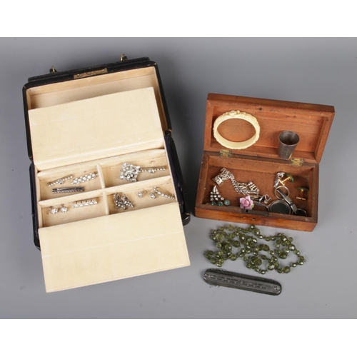 57 - Two vintage boxes with contents of mostly costume jewellery to include silver screw back earrings, b... 