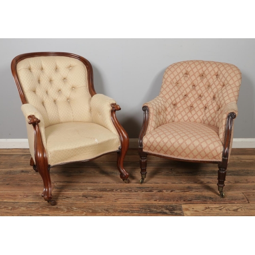 456 - A carved walnut spoon back armchair with deep button back rest, together with a smaller button back ... 