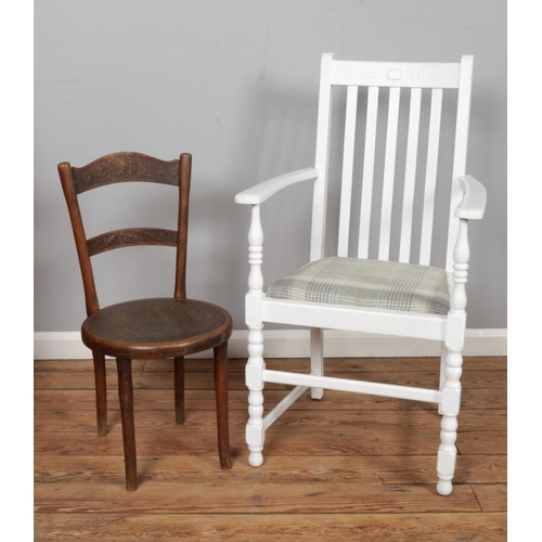 491 - A white painted carver dining chair, together with a small wooden bistro chair.