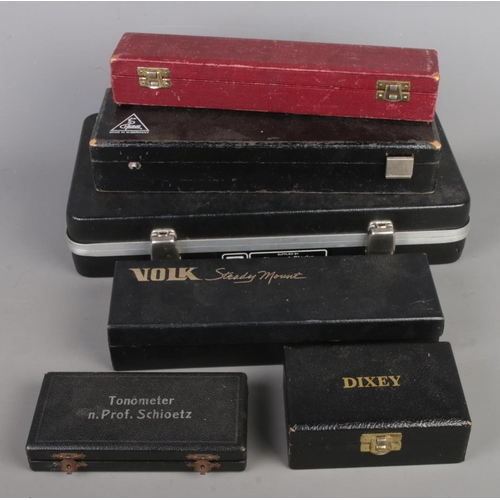 10 - Six boxed vintage optician tools: Perkins tonometer, Heine ophthalmoscope and otoscope, Keeler ophth... 