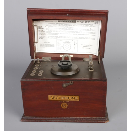 47 - A 1920s antique Gecophone Crystal Detector Set No 1 in mahogany case, B.C.1001 Inst. No.12106, eboni... 