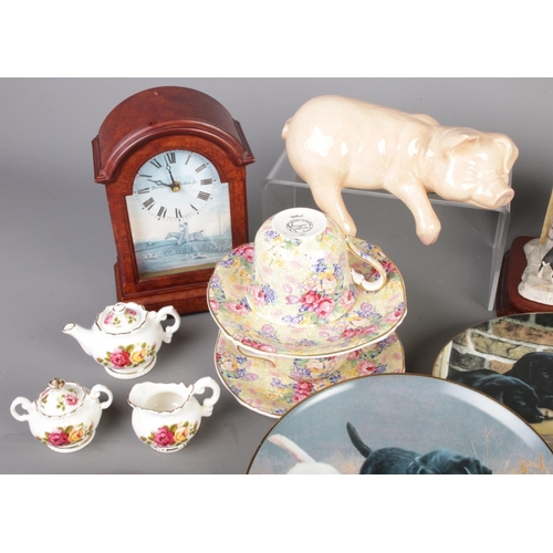 28 - Mixed vintage miscellaneous, including piglet ceramic shelf-sitter figurine, Royal Winton cups & sau... 