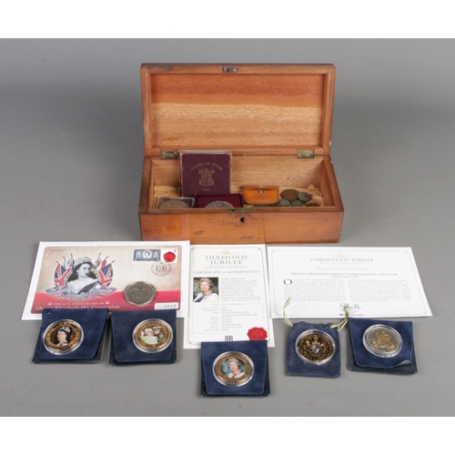 34 - A collection of vintage coins in a parquetry Tunbridge ware box, including six commemorative coins o... 