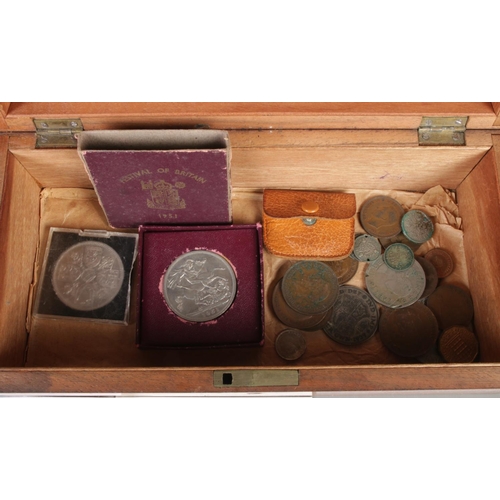 34 - A collection of vintage coins in a parquetry Tunbridge ware box, including six commemorative coins o... 