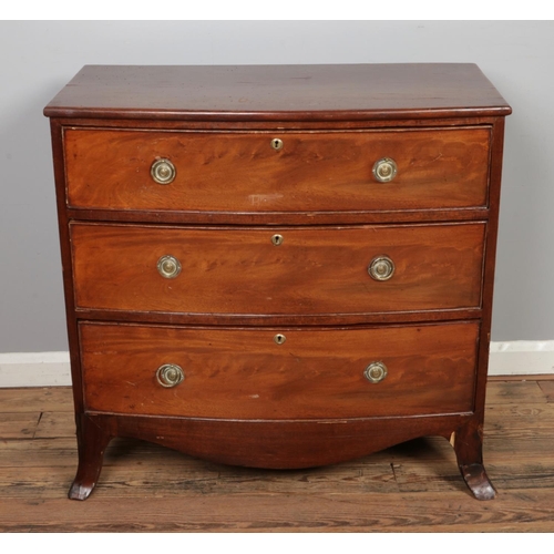 458 - A 19th century mahogany bowfront chest, three drawer on swept supports. Size: W93 x D50 x H90cm.