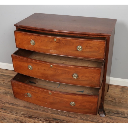 458 - A 19th century mahogany bowfront chest, three drawer on swept supports. Size: W93 x D50 x H90cm.