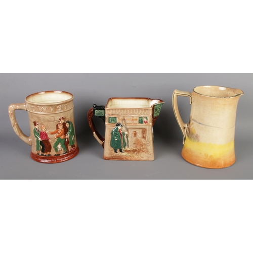 35 - A collection of vintage porcelain character tankards and jugs, mainly Royal Doulton, to include Oliv... 