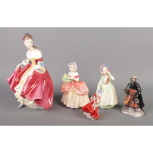 39 - A group of collectable porcelain figures, including five Royal Doulton figurines with Beswick animal... 