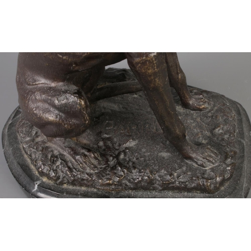 43 - After JM Barrie, a bronze model of a seated greyhound on marble base. Signed Barrie. Height 19.5cm.