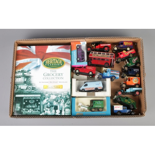 79 - A tray of diecast vehicles including Matchbox & Corgi and a Oxford Heritage Classics 'The Grocery Co... 