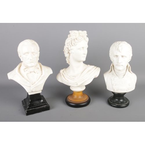 83 - A collection of three small busts to include ceramic Apollo, plaster R. Wagner and Napoleon Bonapart... 