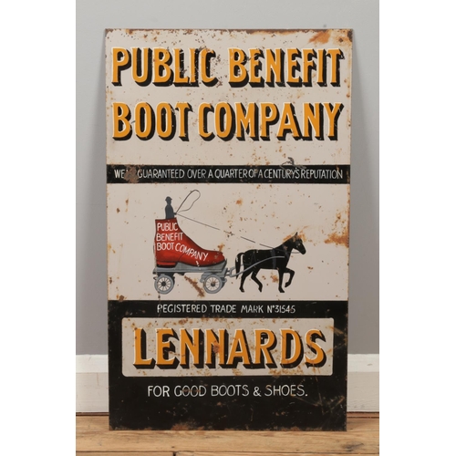 84 - An enamelled and painted advertising sign for Lennards, Public Benefit Boot Company. 64cm x 38cm.