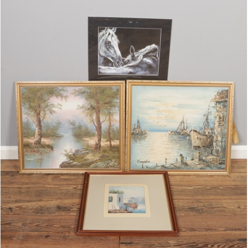 461 - A collection of four vintage hand paintings, including a 2013 