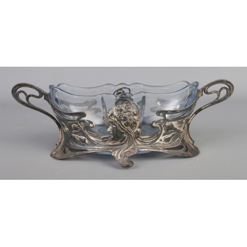 284 - A WMF silver plated centrepiece bowl of art nouveau style featuring portrait of maiden and shaped gl... 