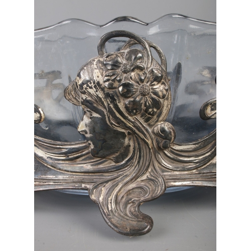 284 - A WMF silver plated centrepiece bowl of art nouveau style featuring portrait of maiden and shaped gl... 