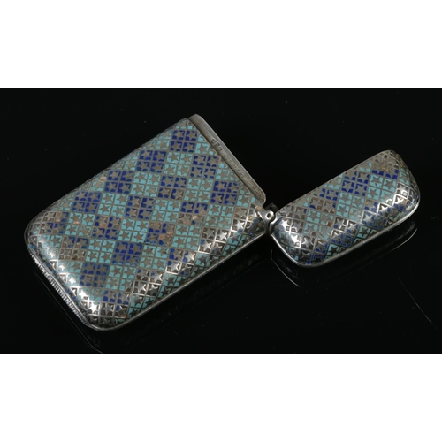 480 - A late 19th century sterling silver and enamelled vesta case with star pattern. Possibly Gorham. 41.... 