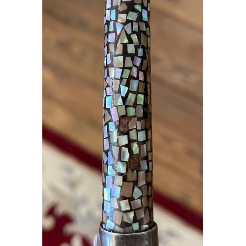 51 - A ladies abalone set walking cane with bone pommel and white metal mounts. Length 87cm.