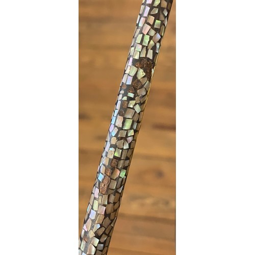 51 - A ladies abalone set walking cane with bone pommel and white metal mounts. Length 87cm.