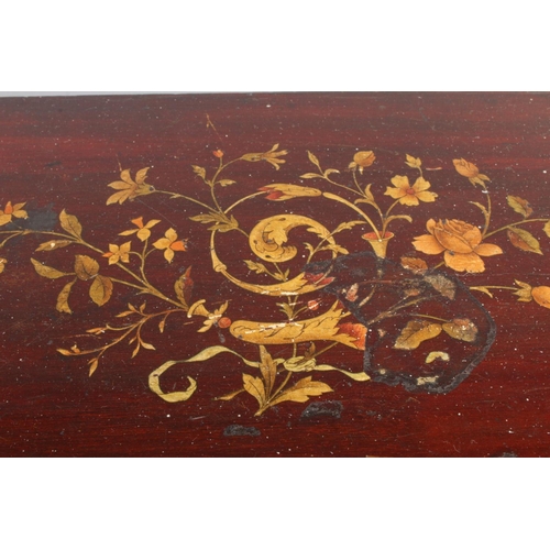 123 - An antique wooden box with floral marquetry inlay, featuring a hinged lid and a fitted interior comp... 