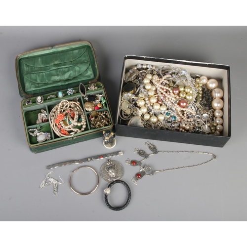 161 - One tray and vintage jewellery box with contents of mostly assorted costume jewellery to include Nom... 