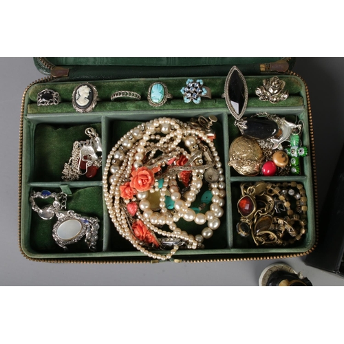 161 - One tray and vintage jewellery box with contents of mostly assorted costume jewellery to include Nom... 