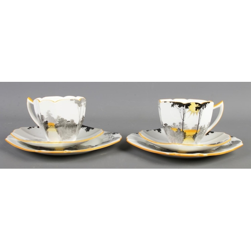 52 - Two sets of vintage Shelley Trio cups & saucers, Queen Anne shape with tall trees and sunrise patter... 