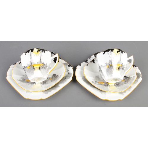 52 - Two sets of vintage Shelley Trio cups & saucers, Queen Anne shape with tall trees and sunrise patter... 