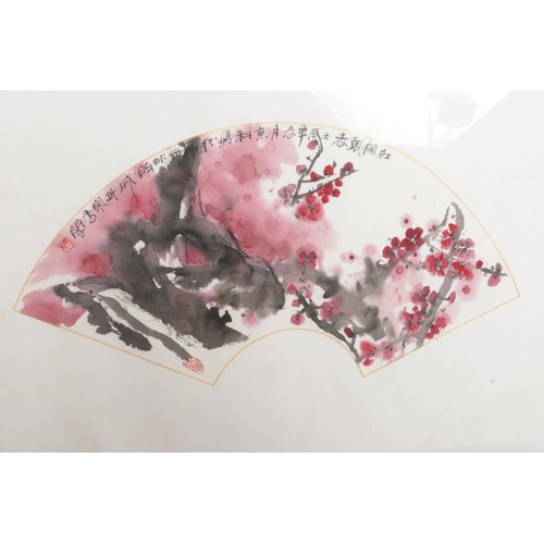 385 - A fan-shaped ink and watercolour painting on segmented paper depicting a spring plum blossom by Chin... 