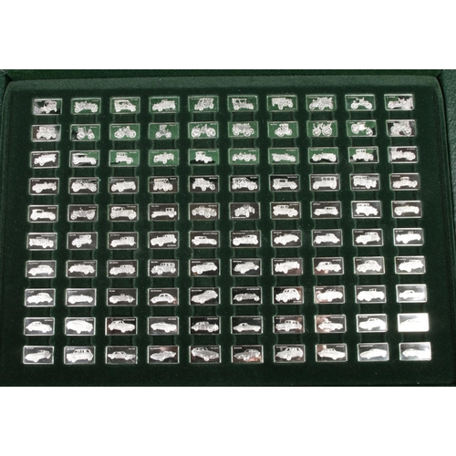 423 - The John Pinches '100 Greatest Cars' silver miniature collection in fitted case along with folder in... 