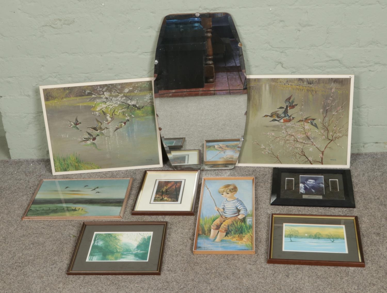 A quantity of pictures and mirrors, to include Peter Scott print, two ...