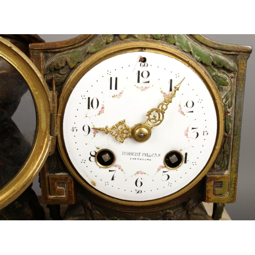 22 - A late 19th century French spelter and marble mantel clock, dial signed 