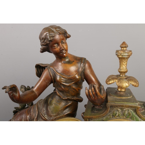22 - A late 19th century French spelter and marble mantel clock, dial signed 