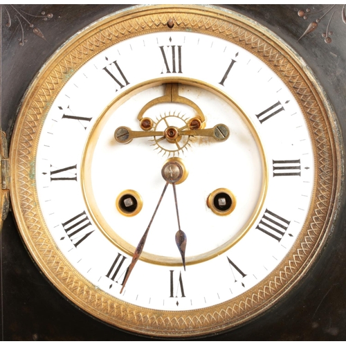 24 - An antique French black slate mantel clock, featuring a V12 visible escapement and gilt-edge dial wi... 