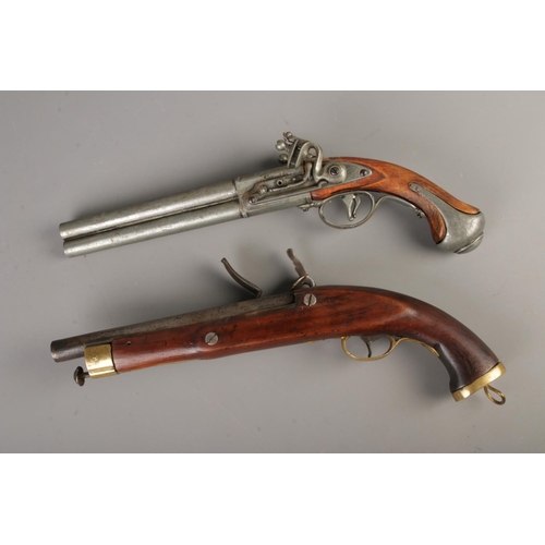 46 - Two reproduction flintlock pistols including a double barrel example. CANNOT POST OVERSEAS