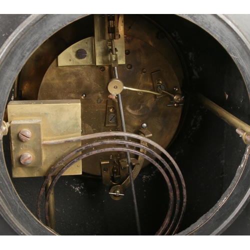 9 - An antique French slate mantel clock, featuring red marble inlays, turned columns, Roman numerals wi... 