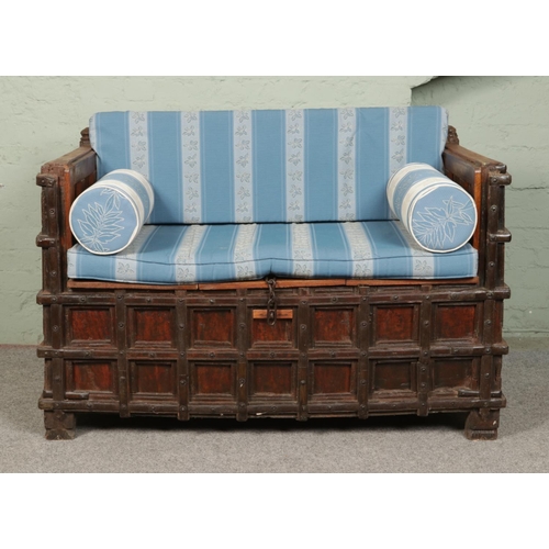 508 - An Indian iron bound box settle/bench with storage compartment under seat.

Hx93cm
Wx140cm
Dx77