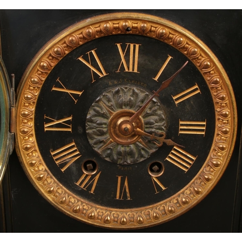 30 - A French antique black slate mantel clock, featuring architectural case with aesthetic design, black... 